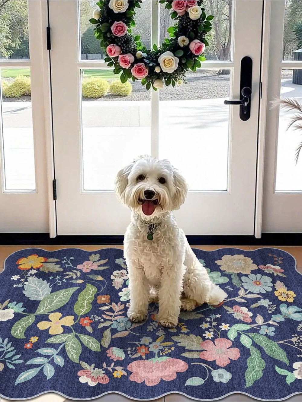 Plush Floral Navy Dog Mat - Non-Slip Pet Door Rug